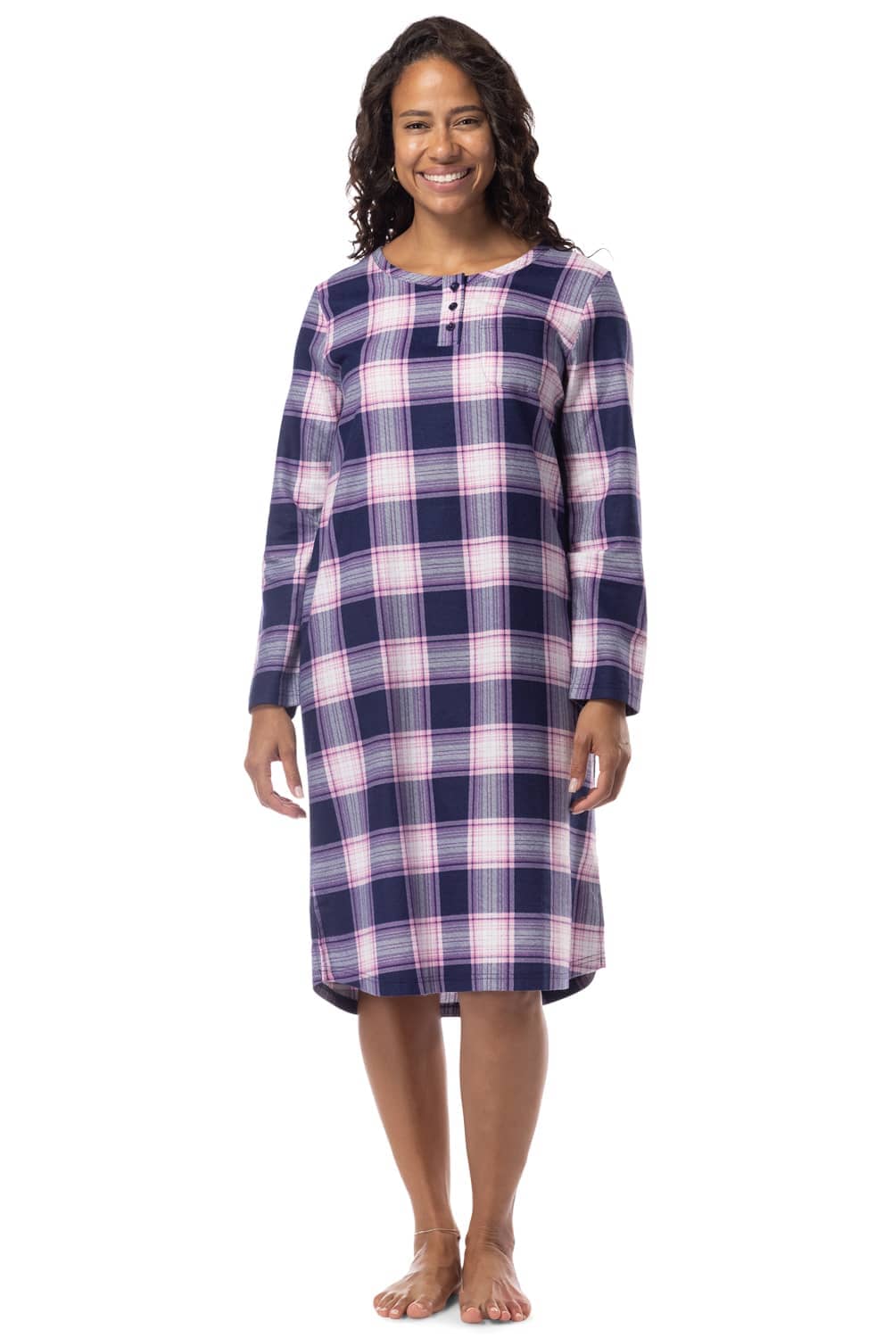 Women's EcoFlannel™ Below Knee Henley Nightshirt Womens>Sleep and Lounge>Nightgown Fishers Finery Navy Pink Plaid Large 