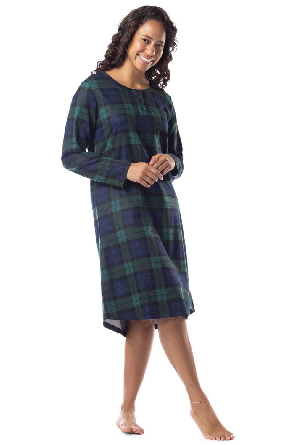 Women&#39;s EcoFlannel™ Below Knee Henley Nightshirt Womens&gt;Sleep and Lounge&gt;Nightgown Fishers Finery Green Navy Plaid Large 