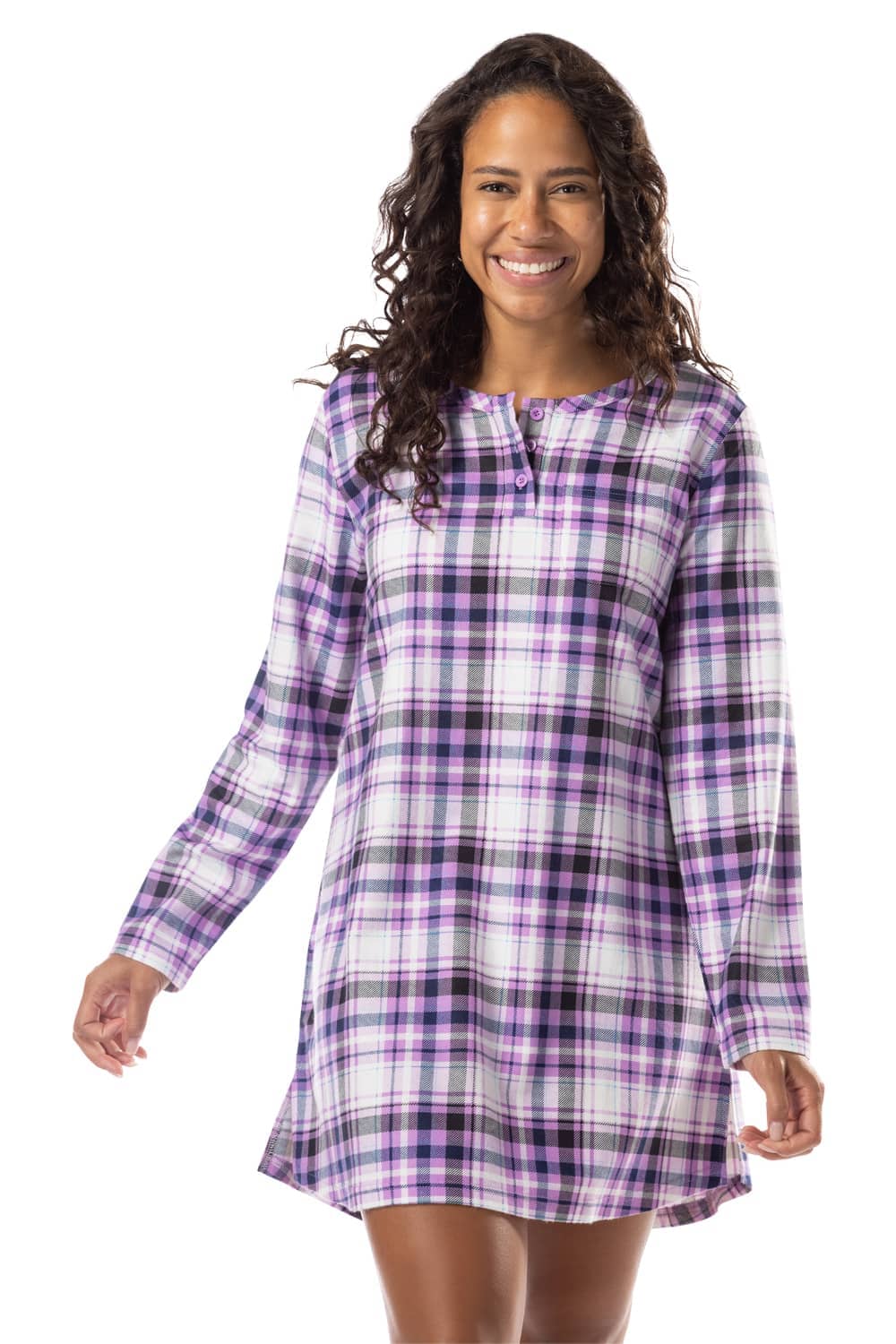 Women's EcoFlannel™ Above Knee Henley Nightshirt Womens>Sleep and Lounge>Nightgown Fishers Finery Lavender Plaid X-Small 