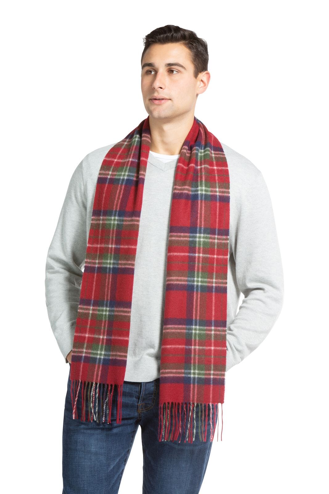 Men's Classic 100% Pure Cashmere Scarf Mens>Accessories>Scarf Fishers Finery Red Navy Plaid One Size 