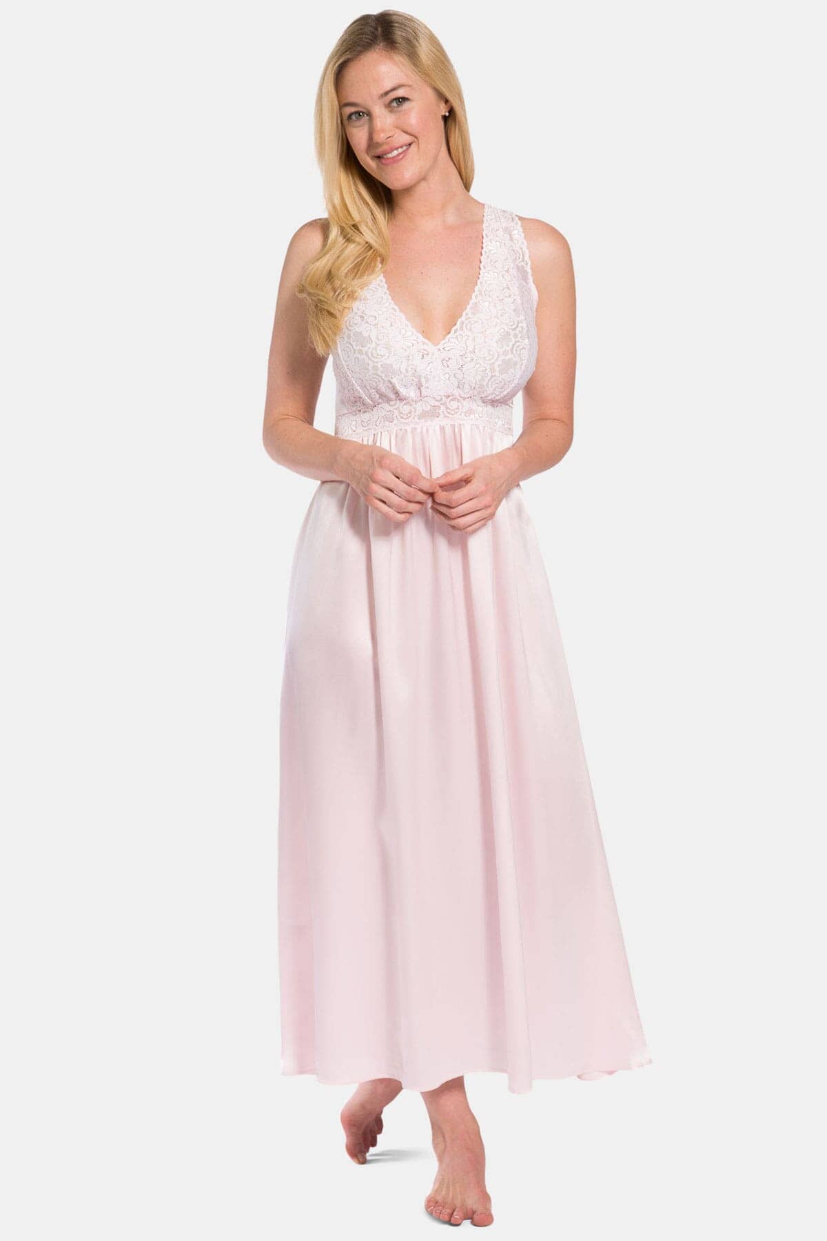 Women's 100% Pure Mulberry Silk Long Nightgown with Lace Bodice and Gift Box Womens>Sleep and Lounge>Nightgown Fishers Finery Petal Pink X-Small 