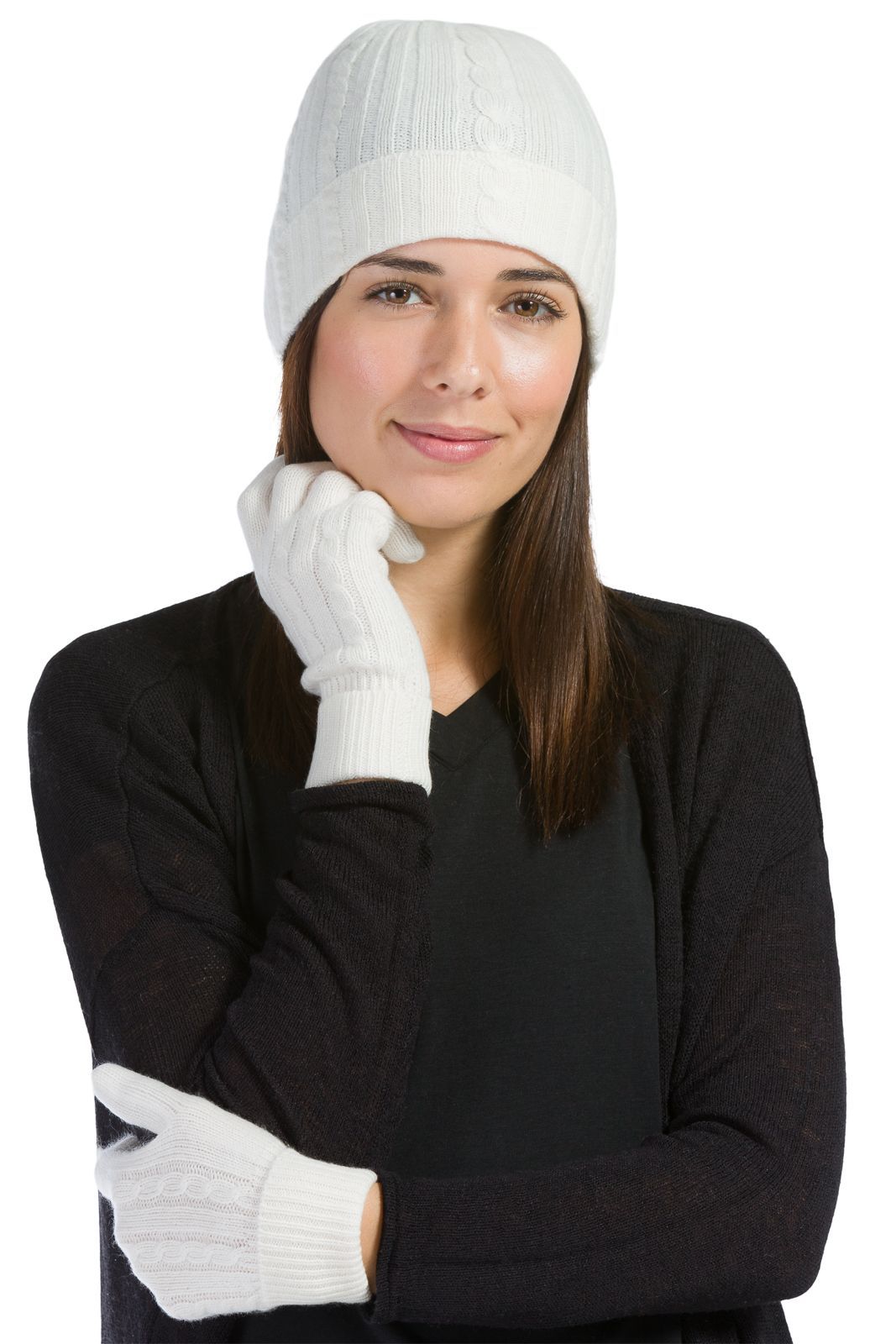 Women's 2pc 100% Pure Cashmere Cable Knit Hat & Glove Set with Gift Box Womens>Accessories>Cashmere Set Fishers Finery Cream One Size Fits Most 