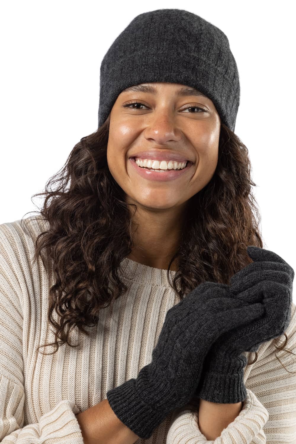 Women's 2pc 100% Pure Cashmere Cable Knit Hat & Glove Set with Gift Box Womens>Accessories>Cashmere Set Fishers Finery 