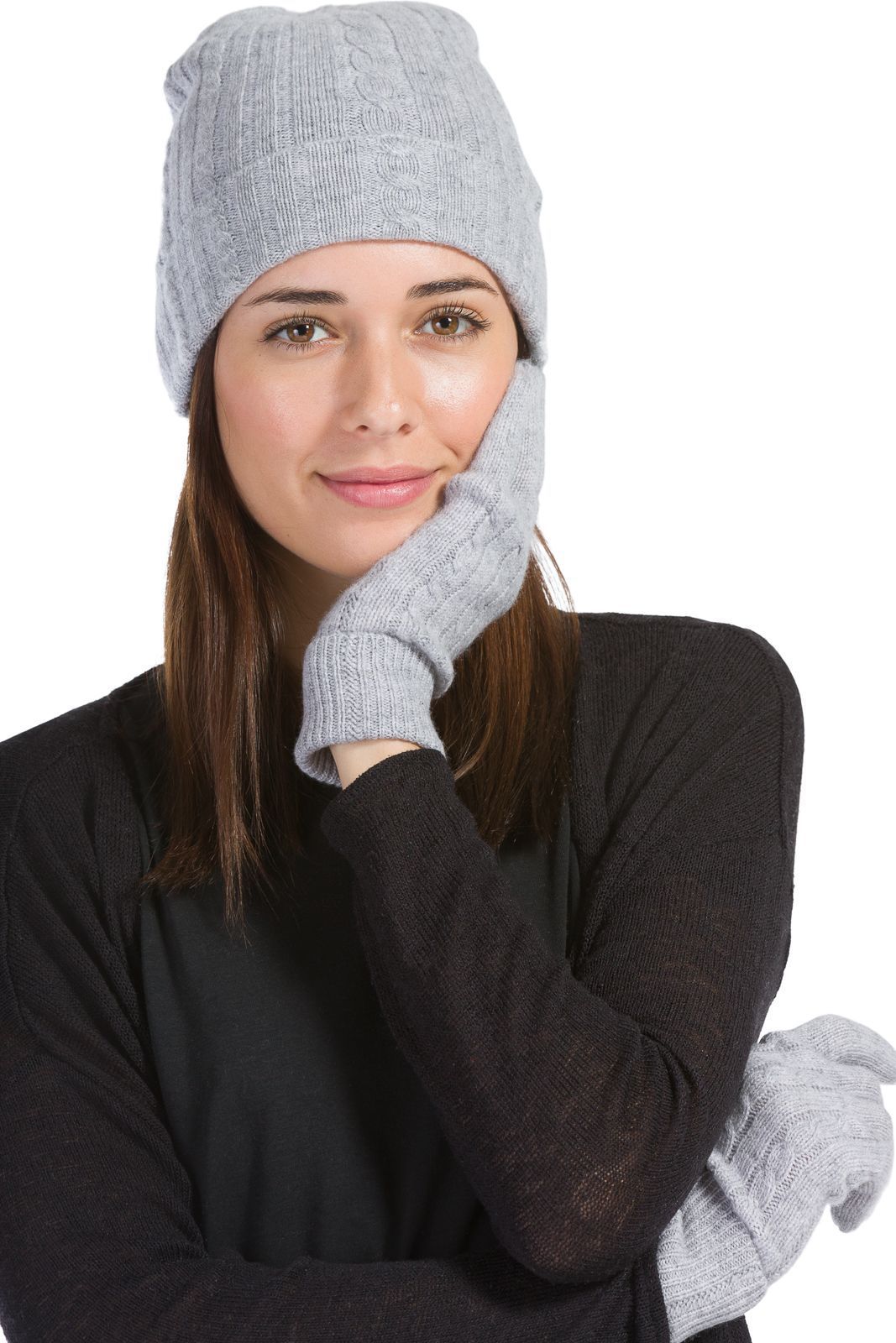 Women's 2pc 100% Pure Cashmere Cable Knit Hat & Glove Set with Gift Box Womens>Accessories>Cashmere Set Fishers Finery Gray One Size Fits Most 