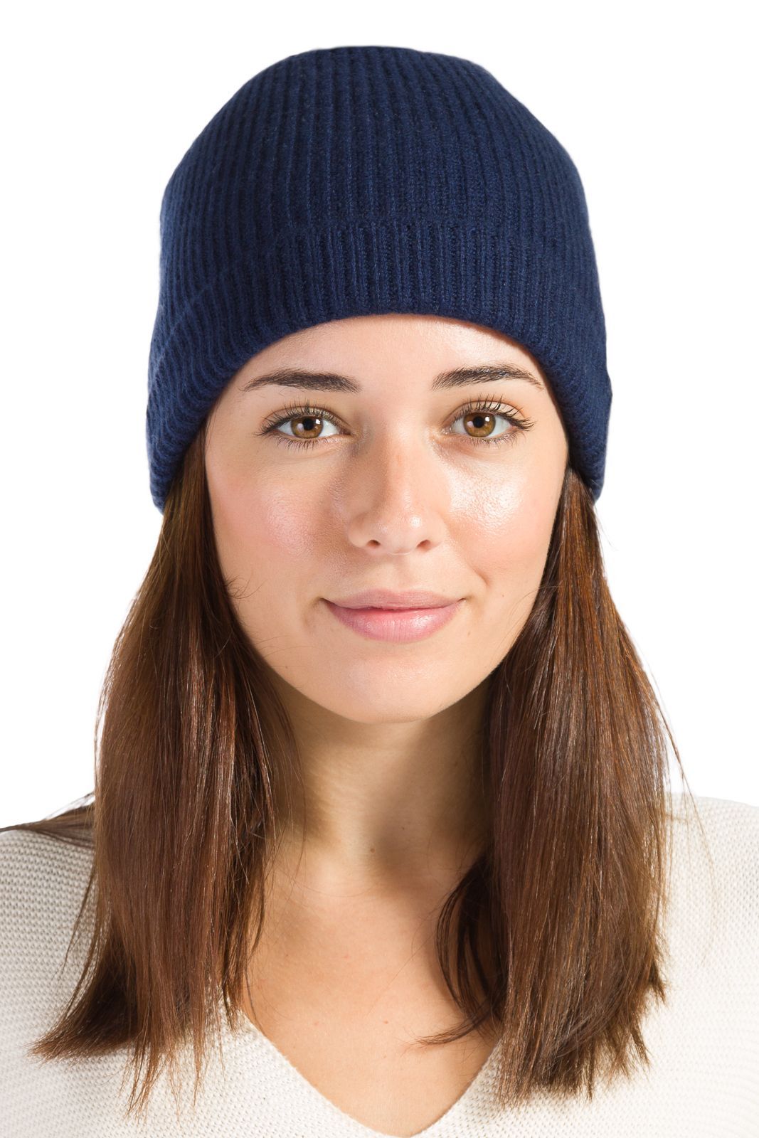 Women's 100% Pure Cashmere Ribbed Hat with Cuff Womens>Accessories>Hat Fishers Finery Navy One Size Fits Most 