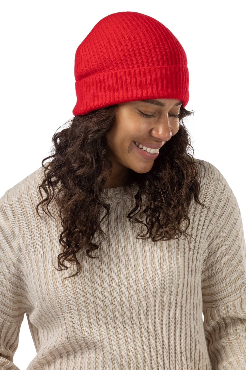 Women's 100% Pure Cashmere Ribbed Hat with Cuff Womens>Accessories>Hat Fishers Finery Cardinal Red One Size Fits Most 