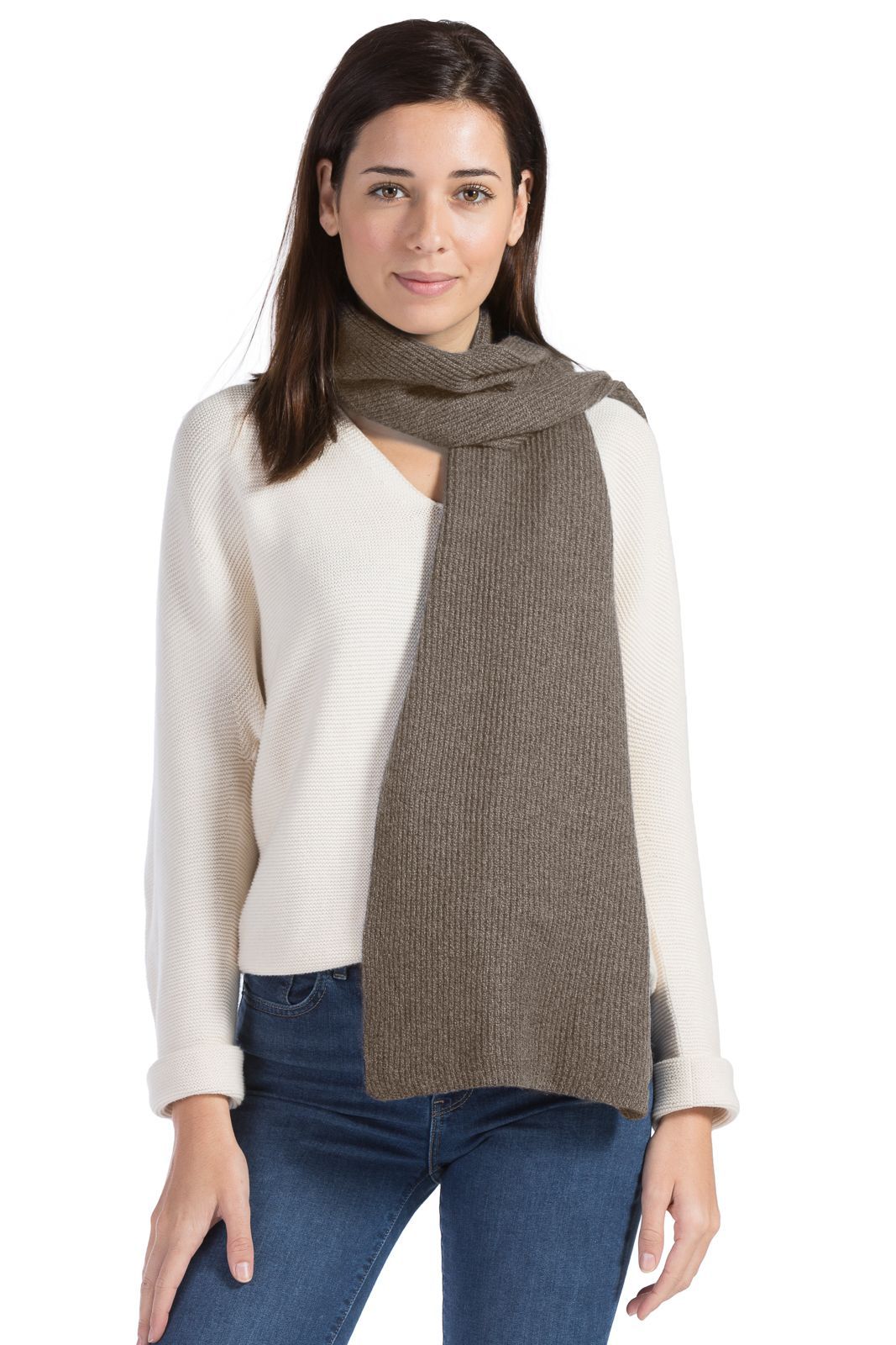 Women's 100% Pure Cashmere Ribbed Knit Scarf with Gift Box Womens>Accessories>Scarf Fishers Finery Cappuccino 