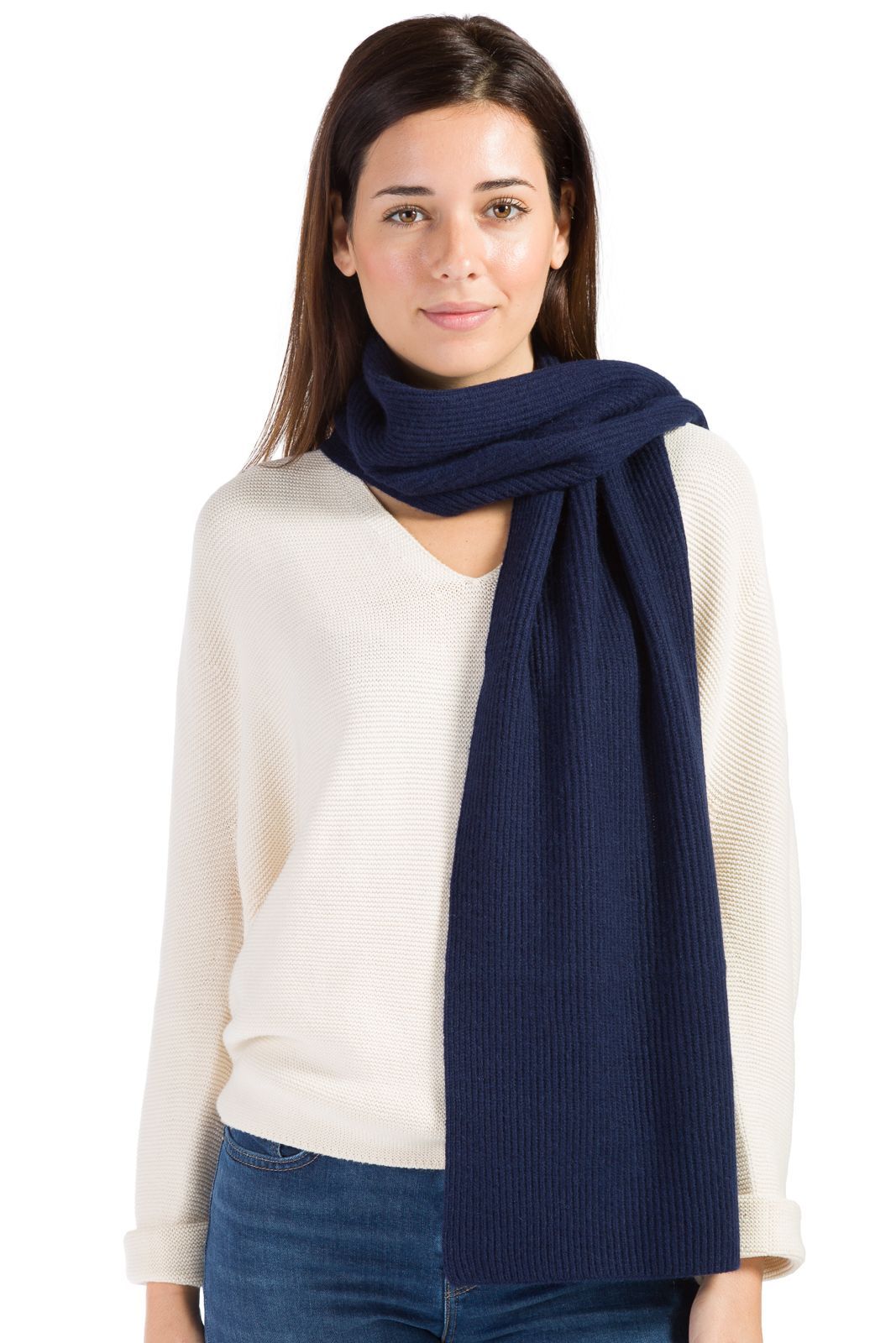 Women's 100% Pure Cashmere Ribbed Knit Scarf with Gift Box Womens>Accessories>Scarf Fishers Finery Navy 