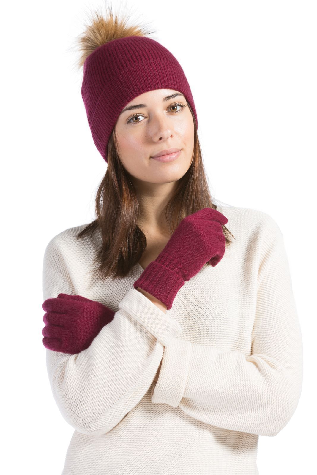 Women's 2pc 100% Cashmere Pom Beanie Hat & Glove Set with Gift Box Womens>Accessories>Hat Fishers Finery Cabernet One Size 