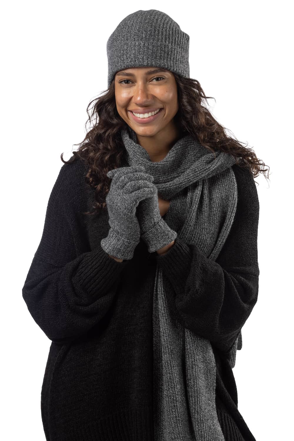 Women's 3pc 100% Cashmere Ribbed Beanie, Glove & Scarf Set with Gift Box Womens>Accessories>Cashmere Set Fishers Finery Heather Gray 