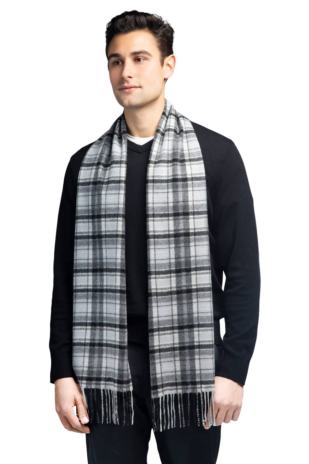 Men's Classic 100% Pure Cashmere Scarf Mens>Accessories>Scarf Fishers Finery Black White Gray Plaid One Size 