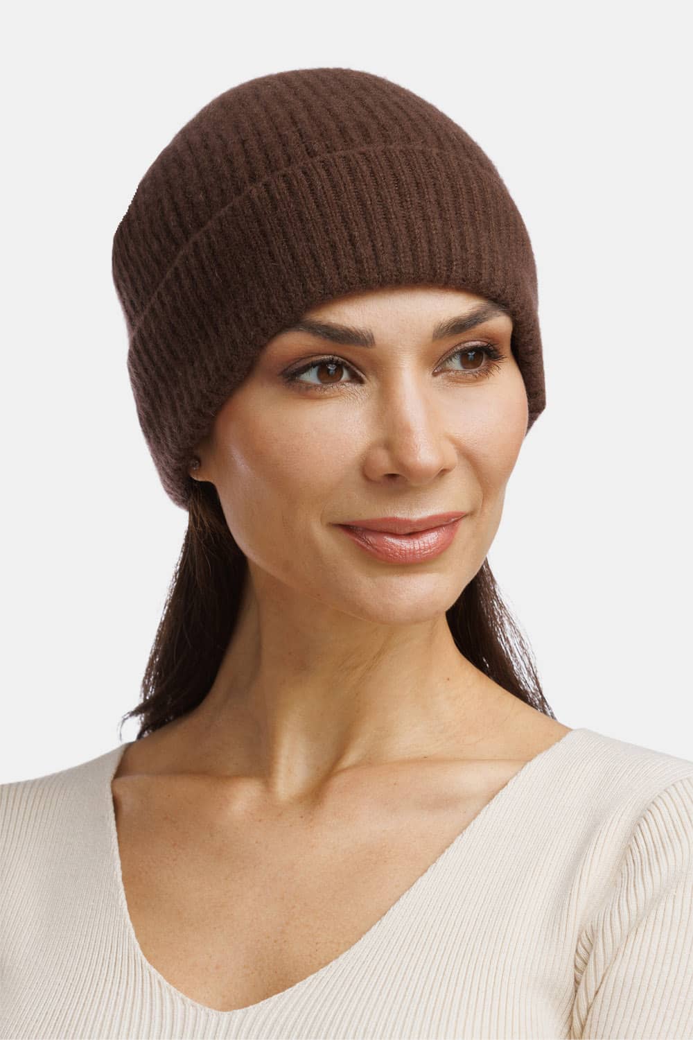 Women's 100% Pure Cashmere Ribbed Hat with Cuff Womens>Accessories>Hat Fishers Finery Cocoa One Size Fits Most 