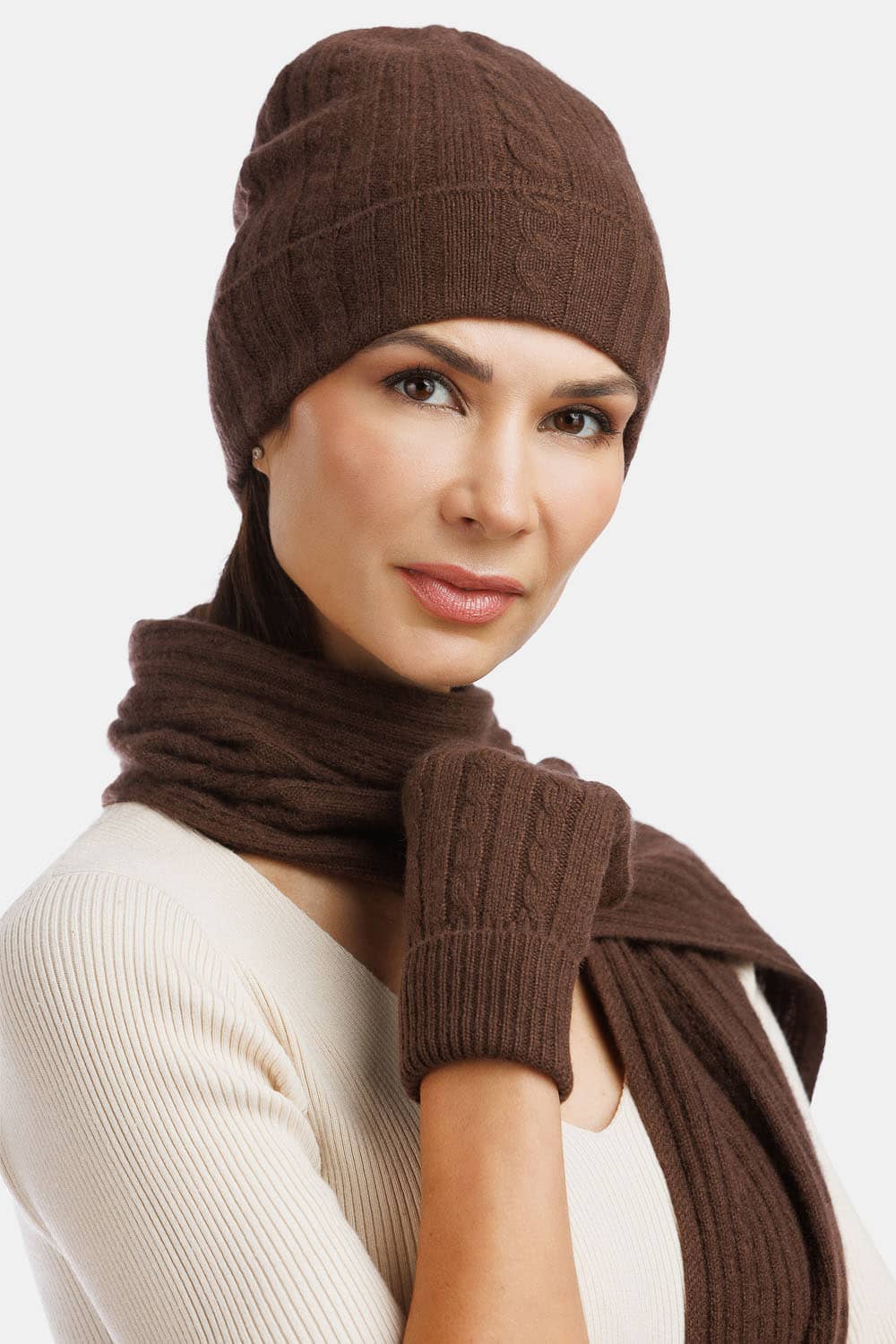 Women's 3pc 100% Pure Cashmere Cable Knit Hat Glove Scarf Set with Gift Box Womens>Accessories>Cashmere Set Fishers Finery 
