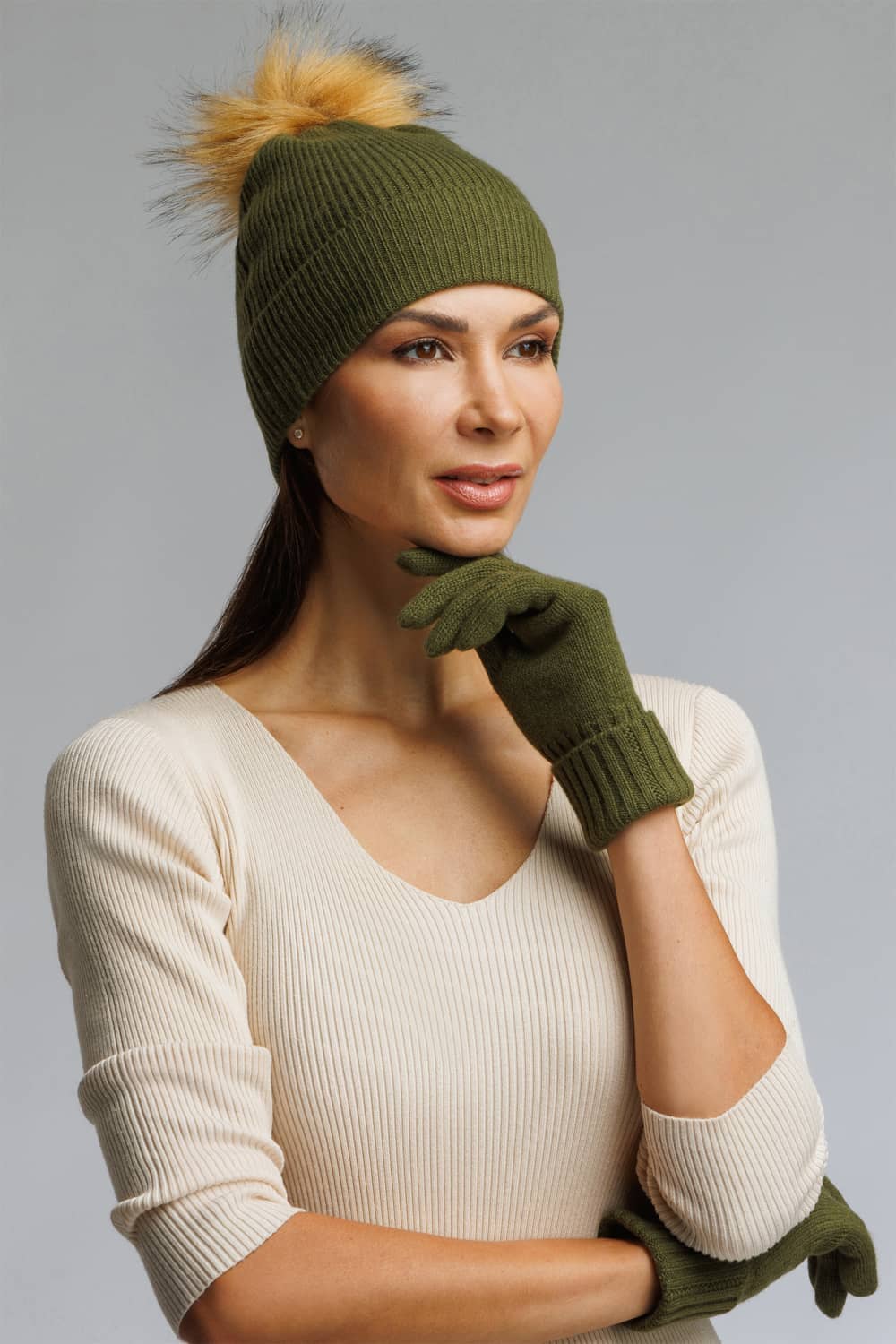 Women's 2pc 100% Cashmere Pom Beanie Hat & Glove Set with Gift Box Womens>Accessories>Hat Fishers Finery Olive One Size 