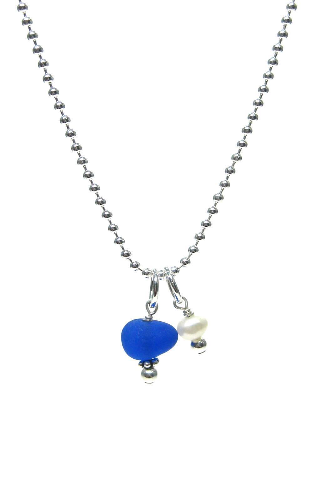 Sea Glass Charm &amp; Pearl Necklace with Gift Box Womens&gt;Accessories&gt;Jewelry Fishers Finery Cobalt 