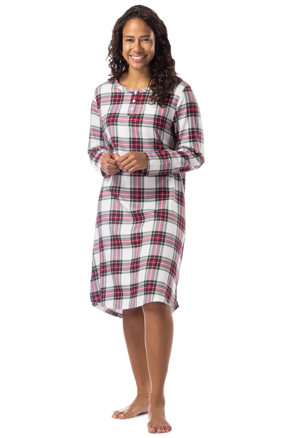 Women's EcoFlannel™ Below Knee Henley Nightshirt Womens>Sleep and Lounge>Nightgown Fishers Finery Red White Plaid Large 