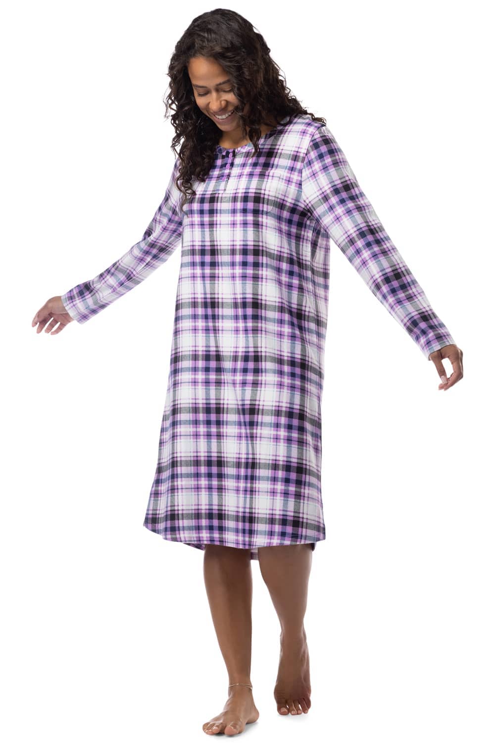 Women's EcoFlannel™ Below Knee Henley Nightshirt Womens>Sleep and Lounge>Nightgown Fishers Finery Lavender Plaid Large 