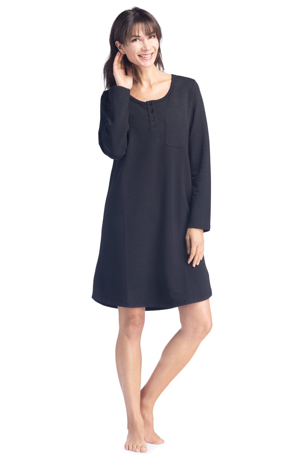Women&#39;s EcoFleece™ Above Knee Henley Nightshirt Womens&gt;Sleep and Lounge&gt;Nightgown Fishers Finery Black Small 