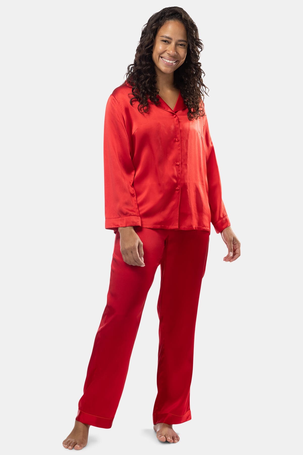 Women's 100% Mulberry Silk Classic Full Length Pajama Set with Gift Box Womens>Sleep and Lounge>Pajamas Fishers Finery Regular Romantic Red X-Small