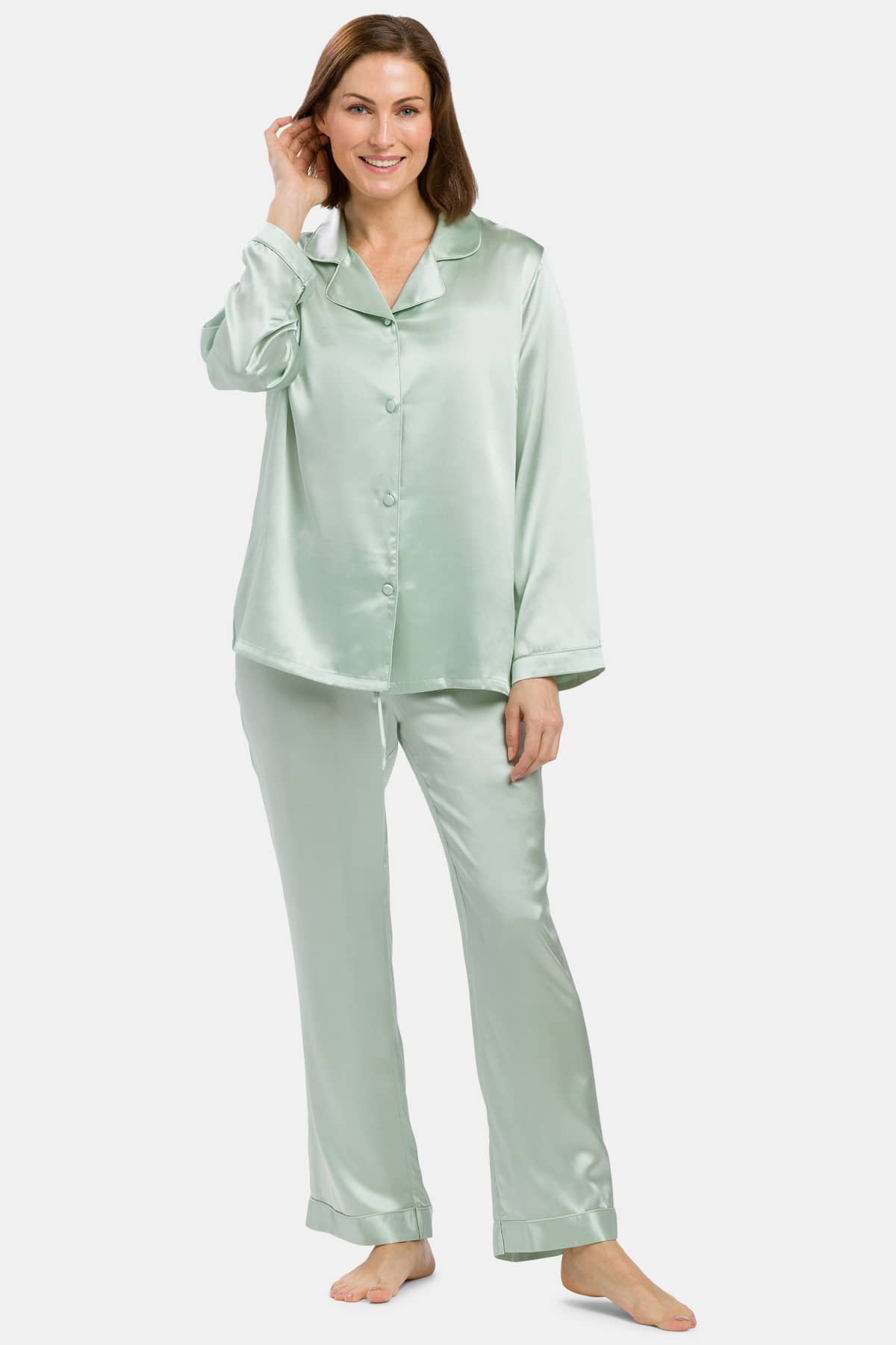 Women's 100% Mulberry Silk Classic Full Length Pajama Set with Gift Box Womens>Sleep and Lounge>Pajamas Fishers Finery Regular Light Green X-Small