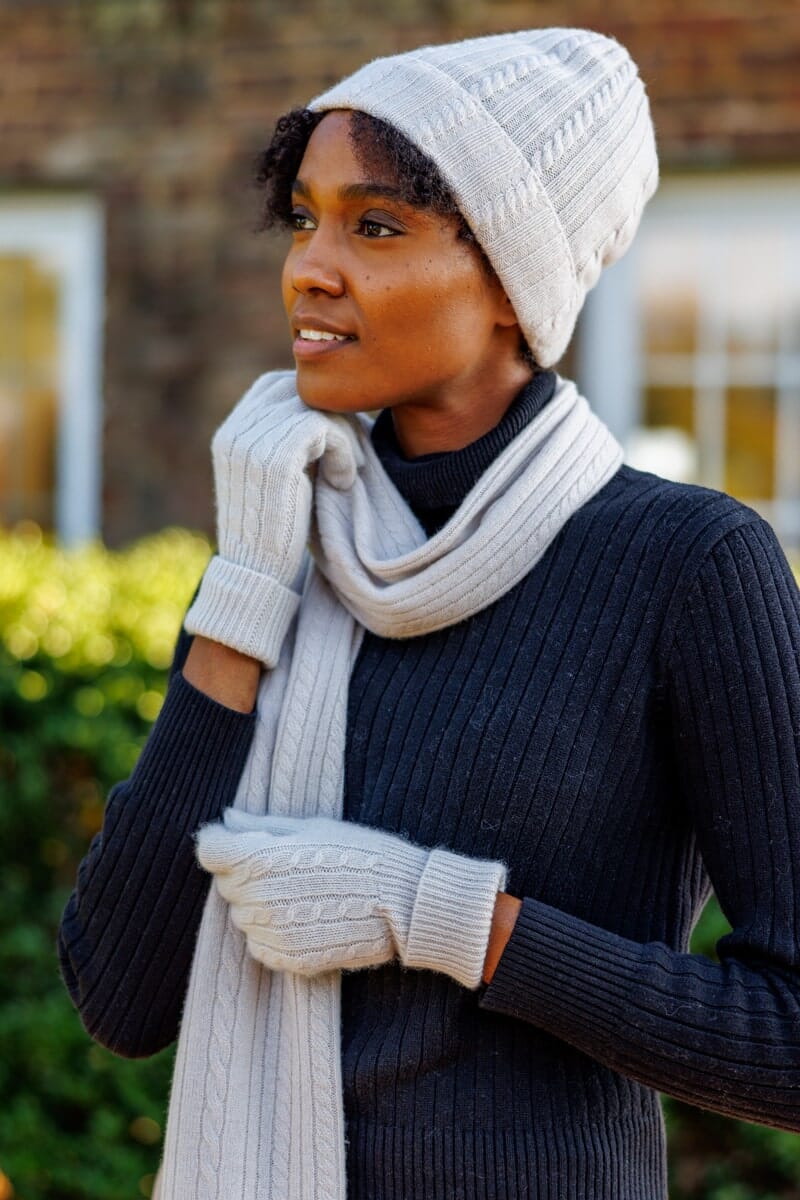 Womens Cashmere Hat & Gloves Set | Cable Knit Design | Fishers Finery