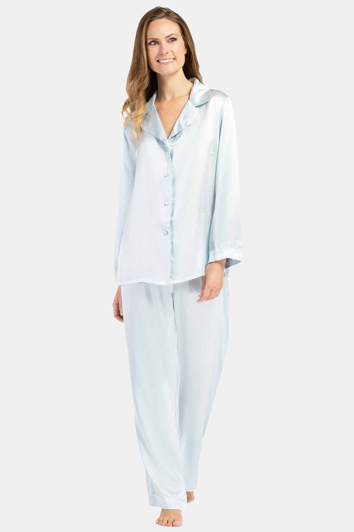 Women's 100% Mulberry Silk Classic Full Length Pajama Set with Gift Box Womens>Sleep and Lounge>Pajamas Fishers Finery Regular Misty Blue X-Small