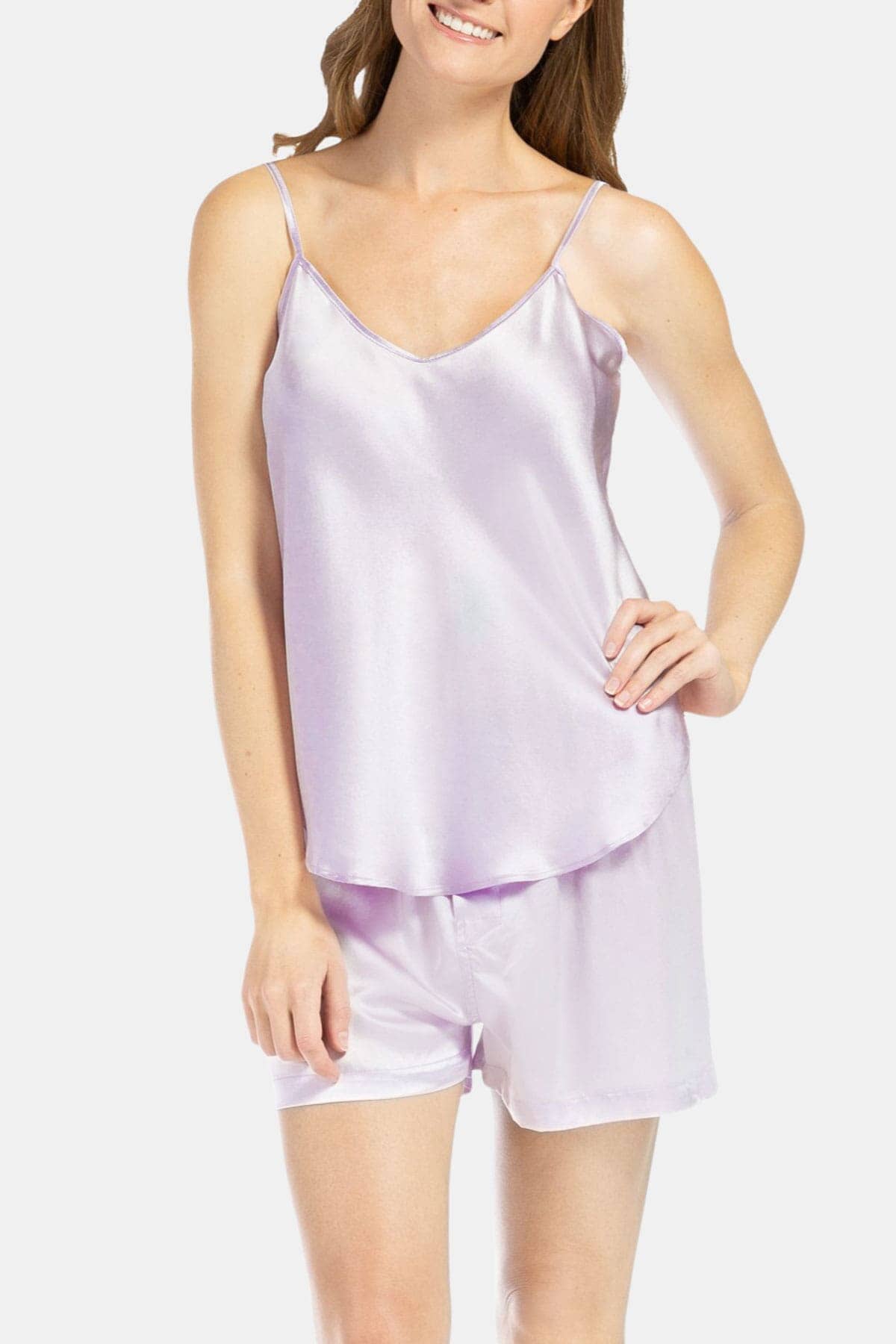 Women's 100% Mulberry Silk Cami and Boxer Pajama Set with Gift Box Womens>Sleepwear>Cami Set Fishers Finery Lavender Fog