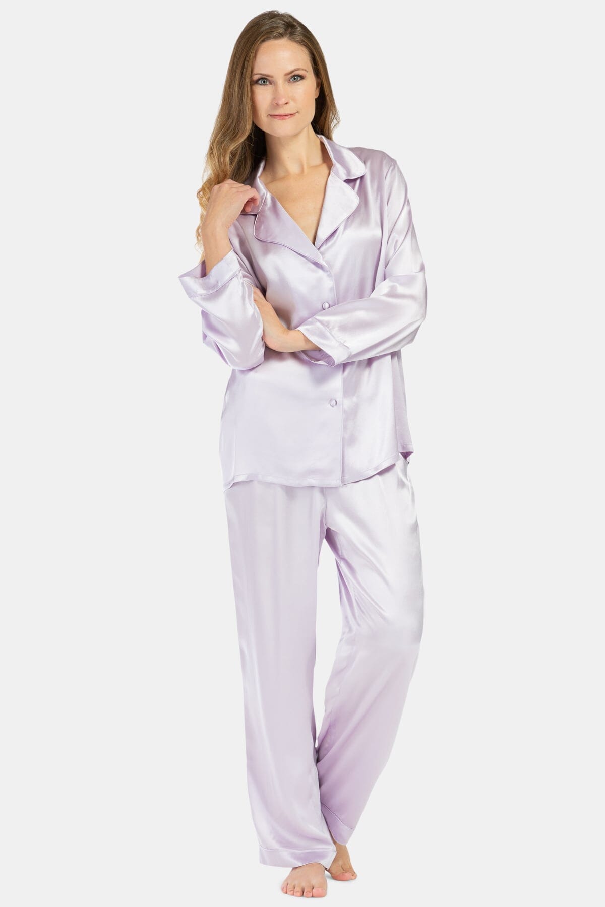 Women's 100% Mulberry Silk Classic Full Length Pajama Set with Gift Box Womens>Sleep and Lounge>Pajamas Fishers Finery Regular Lavender Fog X-Small