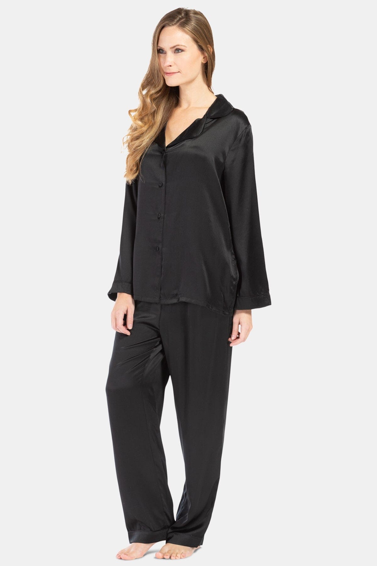 Women's 100% Mulberry Silk Classic Full Length Pajama Set with Gift Box Womens>Sleep and Lounge>Pajamas Fishers Finery Regular Moonless Night X-Small