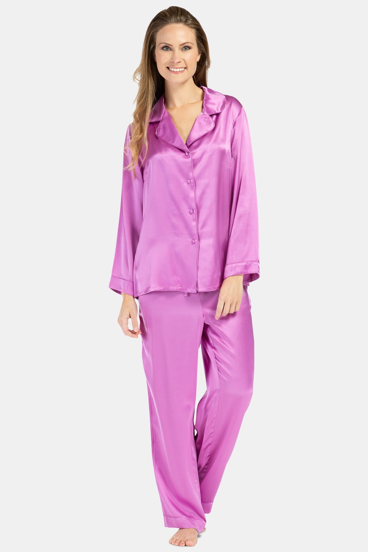 Women's 100% Mulberry Silk Classic Full Length Pajama Set with Gift Box Womens>Sleep and Lounge>Pajamas Fishers Finery Regular Radiant Orchid X-Small