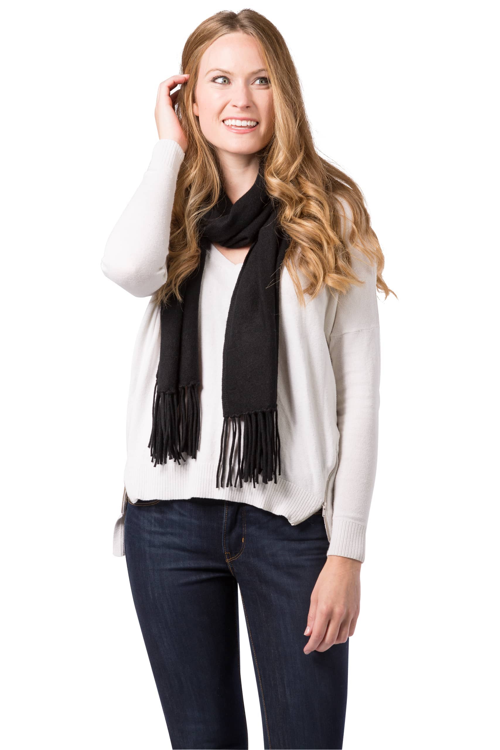 Women's 100% Pure Cashmere Knit Scarf with Fringe and Gift Box Womens>Accessories>Scarf Fishers Finery Black 