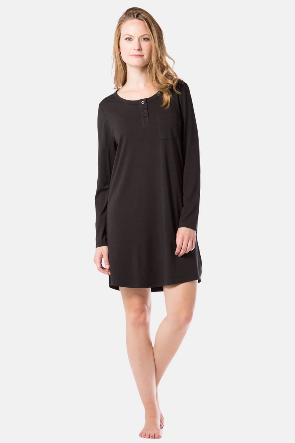 Women's EcoFabric™ Above Knee Henley Nightshirt Womens>Sleep and Lounge>Nightgown Fishers Finery Black X-Small 
