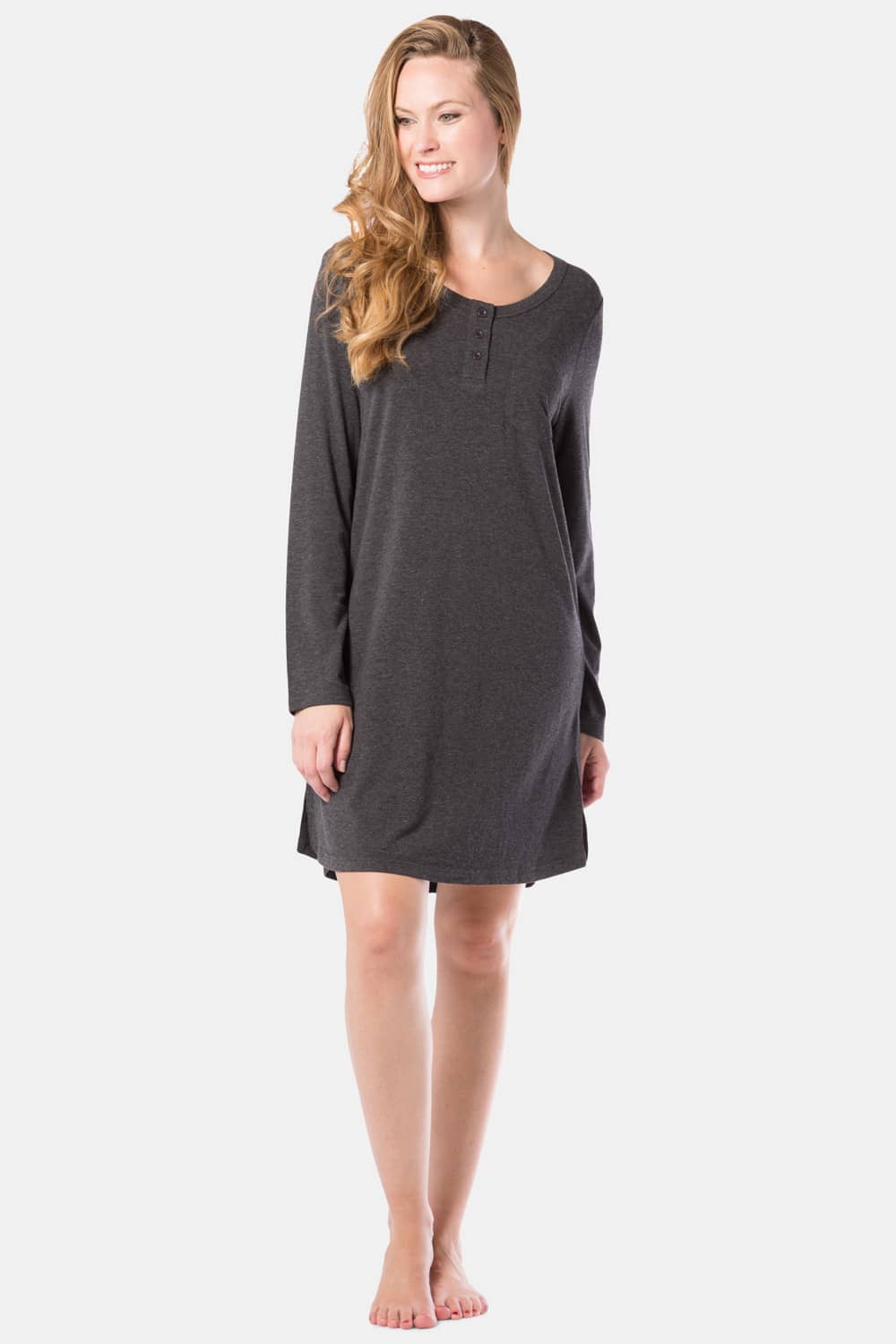 Women's EcoFabric™ Above Knee Henley Nightshirt Womens>Sleep and Lounge>Nightgown Fishers Finery Heather Gray X-Small 