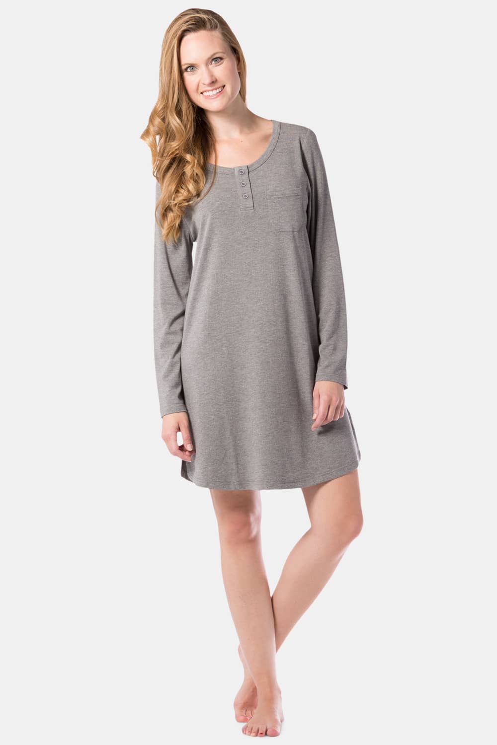 Women's EcoFabric™ Above Knee Henley Nightshirt Womens>Sleep and Lounge>Nightgown Fishers Finery Light Heather Gray X-Small 