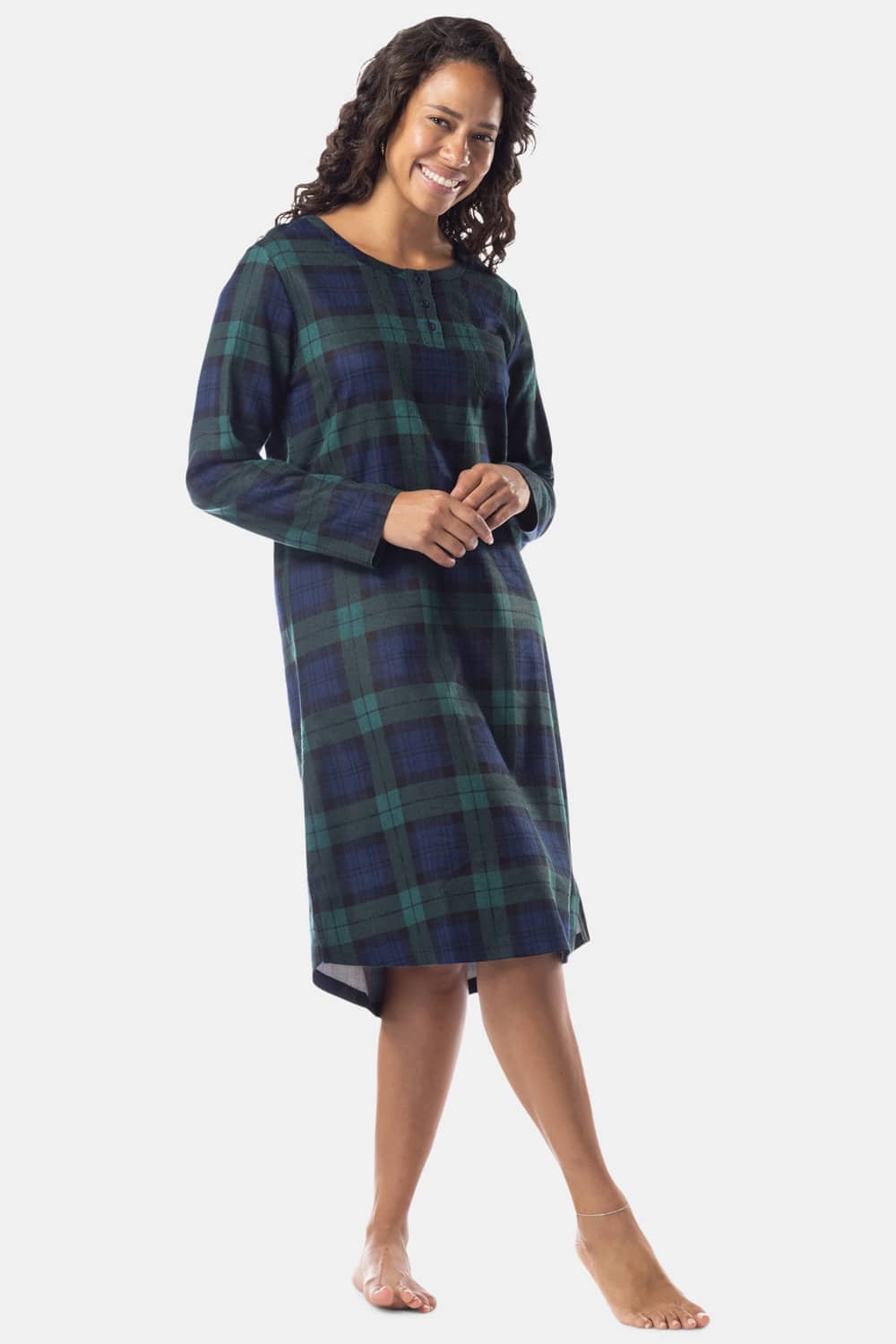 Women&#39;s EcoFlannel™ Below Knee Henley Nightshirt Womens&gt;Sleep and Lounge&gt;Nightgown Fishers Finery Green Navy Plaid X-Small 