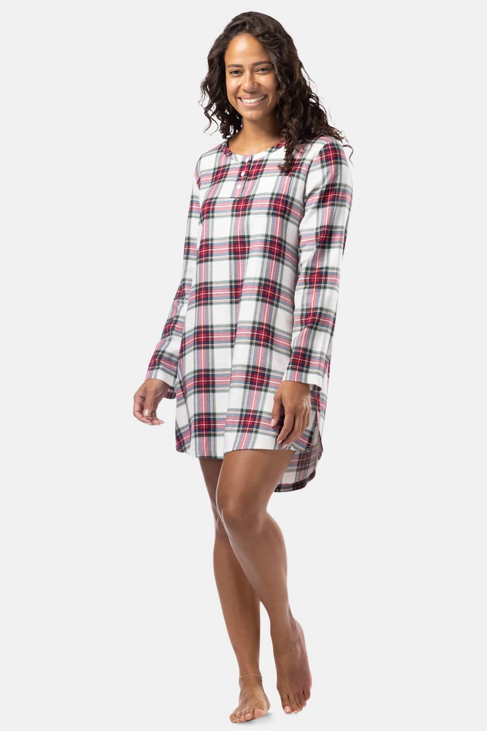 Women&#39;s EcoFlannel™ Above Knee Henley Nightshirt Womens&gt;Sleep and Lounge&gt;Nightgown Fishers Finery Red White Plaid X-Small 