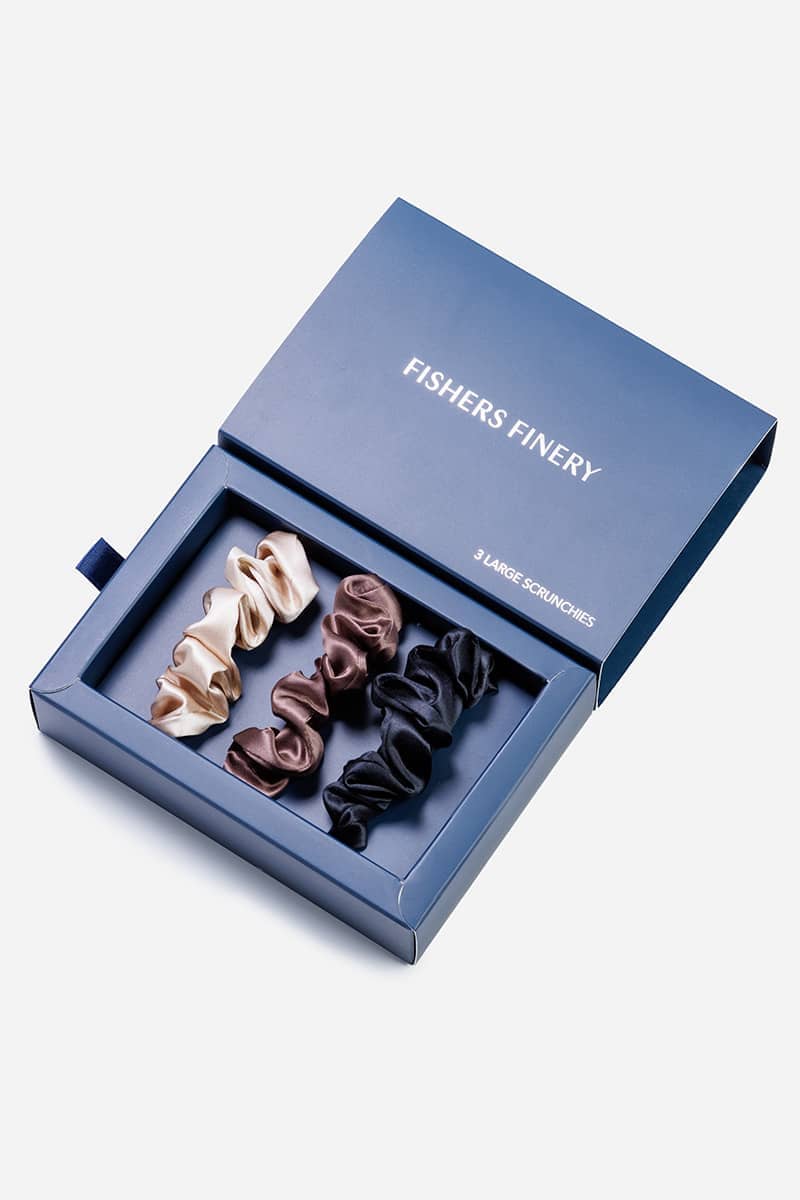 100% Pure Mulberry Silk Hair Scrunchies with Gift Box - Set of 3 Large Hair Ties Womens>Beauty>Hair Care Fishers Finery Taupe|Chocolate|Black 