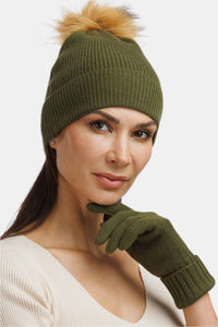 Women's 2pc 100% Cashmere Pom Beanie Hat & Glove Set with Gift Box Womens>Accessories>Hat Fishers Finery 