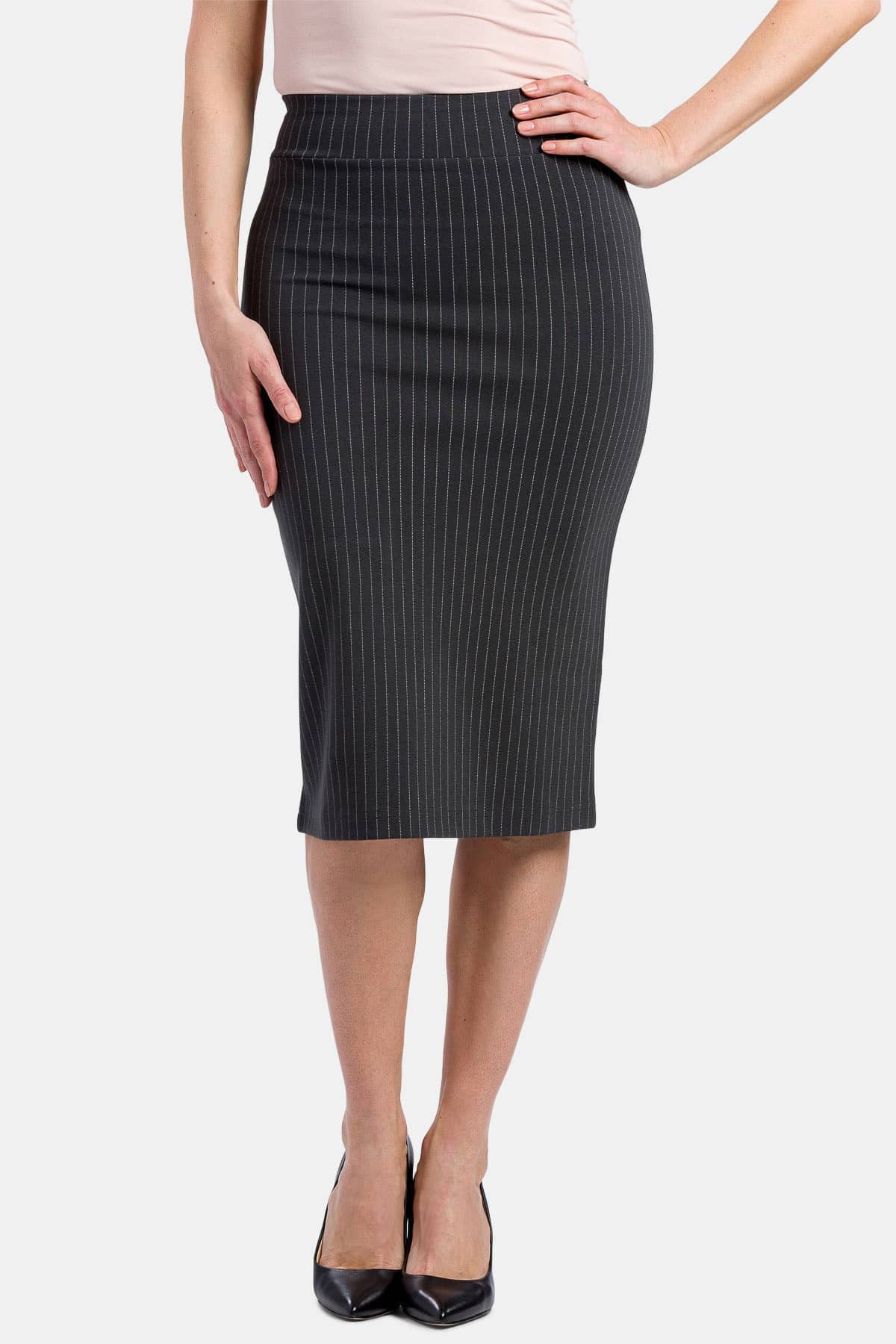 Women's Ponte Knit Midi Length Pencil Skirt Womens>Skirt Fishers Finery PINSTRIPE X-SMALL 