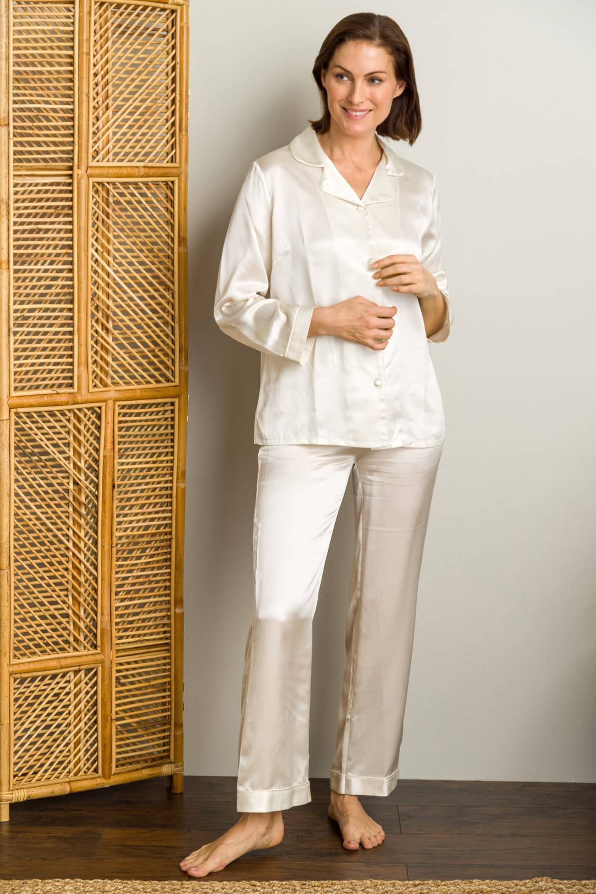 Women's 100% Mulberry Silk Classic Full Length Pajama Set with Gift Box Womens>Sleep and Lounge>Pajamas Fishers Finery Regular Ivory X-Small