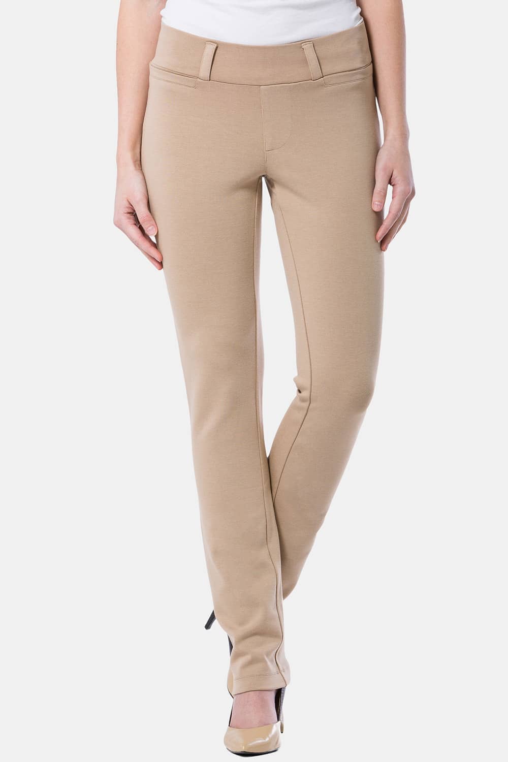 Women's Ponte Knit Pull-On Slim Straight Leg Work Pant - NEW & IMPROVED FIT Womens>Pants Fishers Finery Khaki X-Small Petite