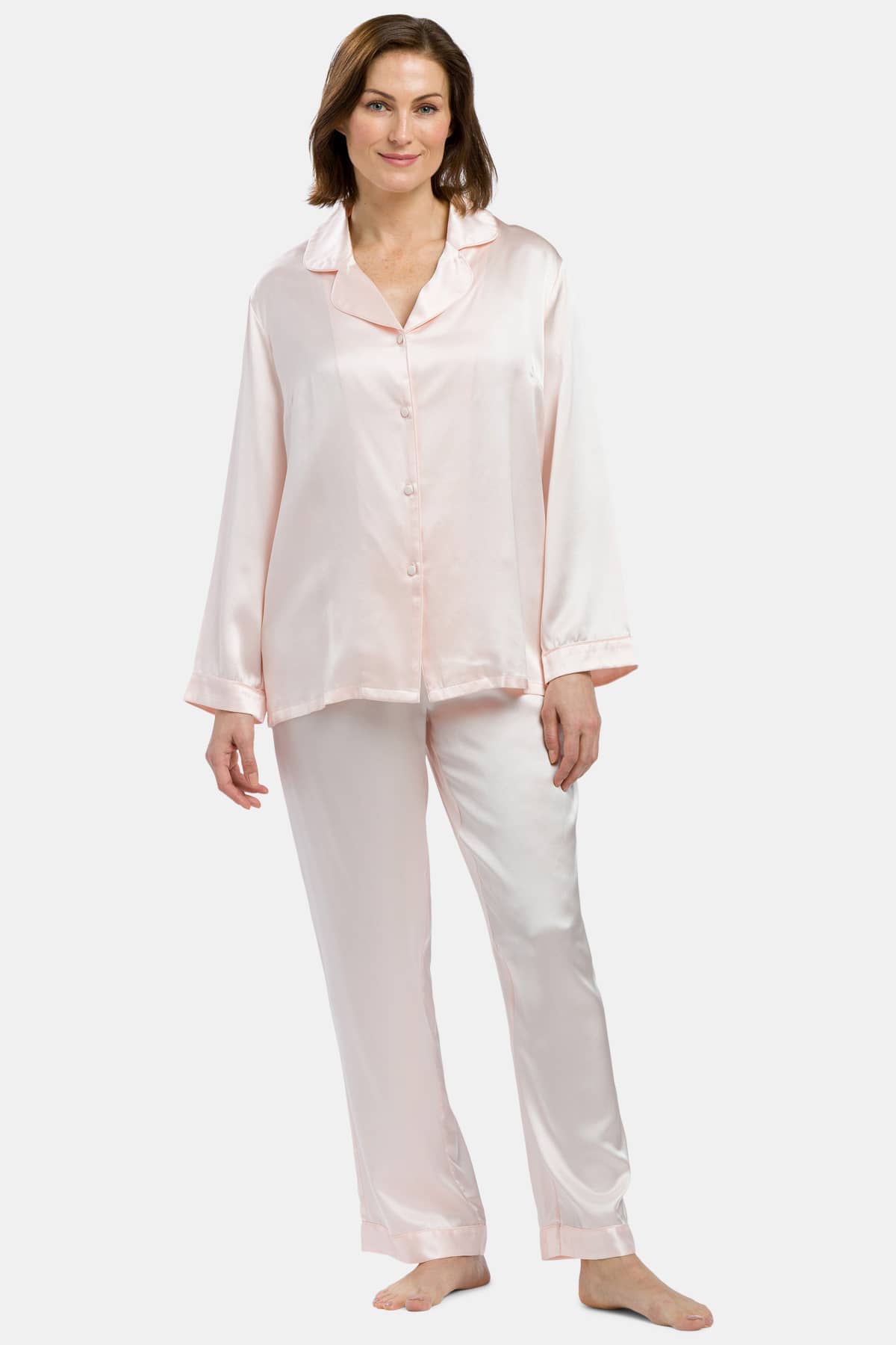 Women's 100% Mulberry Silk Classic Full Length Pajama Set with Gift Box Womens>Sleep and Lounge>Pajamas Fishers Finery Regular Petal Pink X-Small