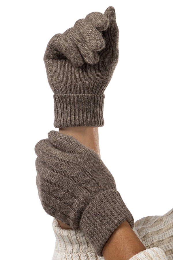 Woman's hands wearing Fishers Finery Light Brown pure cashmere cable knit gloves