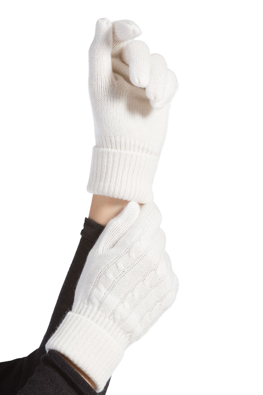 Woman's hands wearing Fishers Finery 100% cashmere cable knit gloves in cream white color