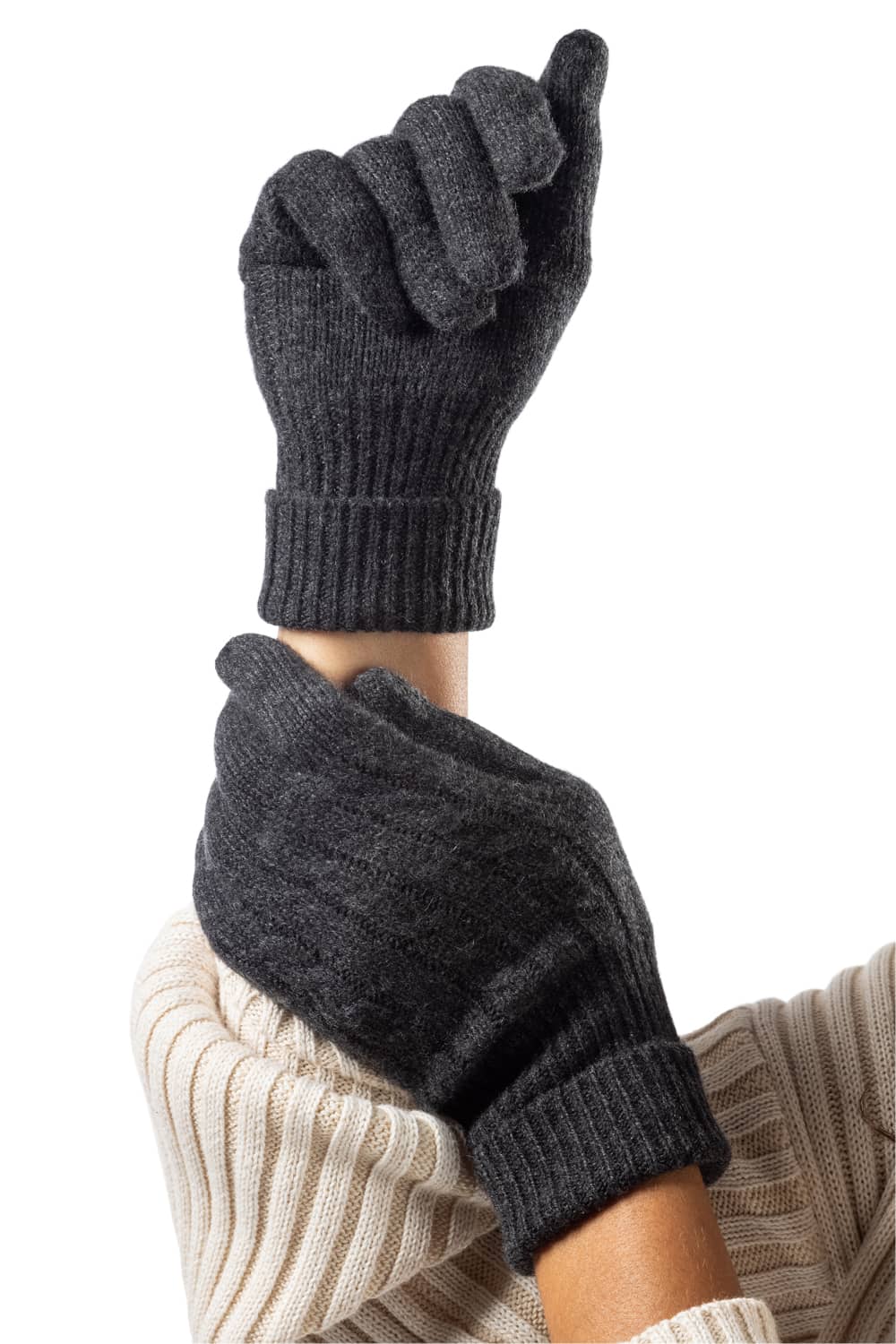 Woman's hands wearing Fishers Finery pure cashmere cable knit gloves in Charcoal Grey