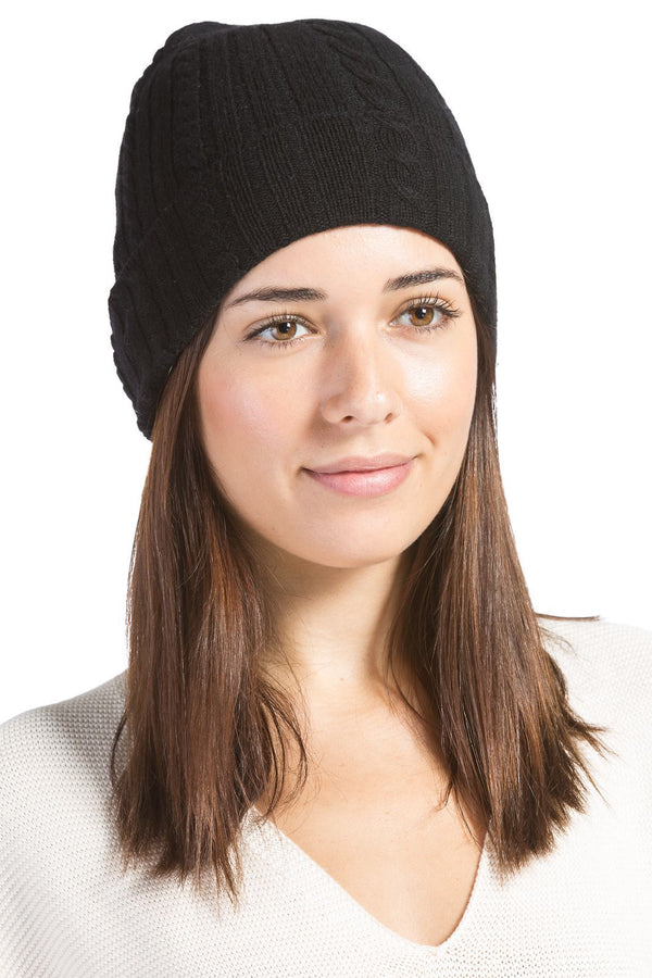 Women's 100% Pure Cashmere Cable Knit Hat Womens>Accessories>Hat Fishers Finery Black One Size 