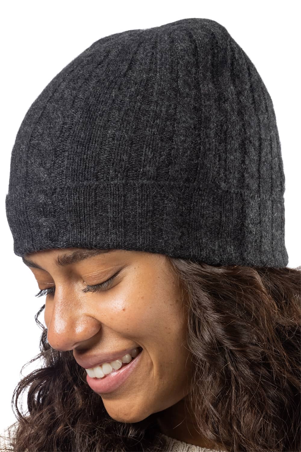 Women's 100% Pure Cashmere Cable Knit Hat Womens>Accessories>Hat Fishers Finery Charcoal One Size 