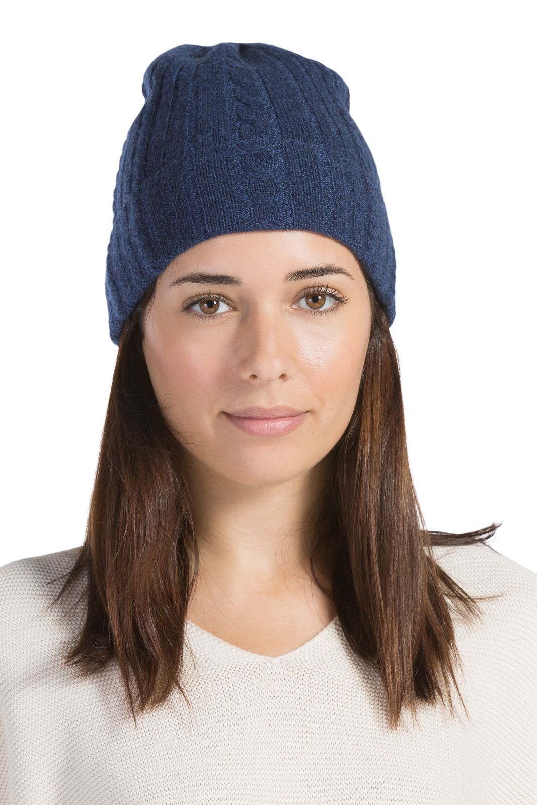 Women's 100% Pure Cashmere Cable Knit Hat Womens>Accessories>Hat Fishers Finery Heather Navy One Size 