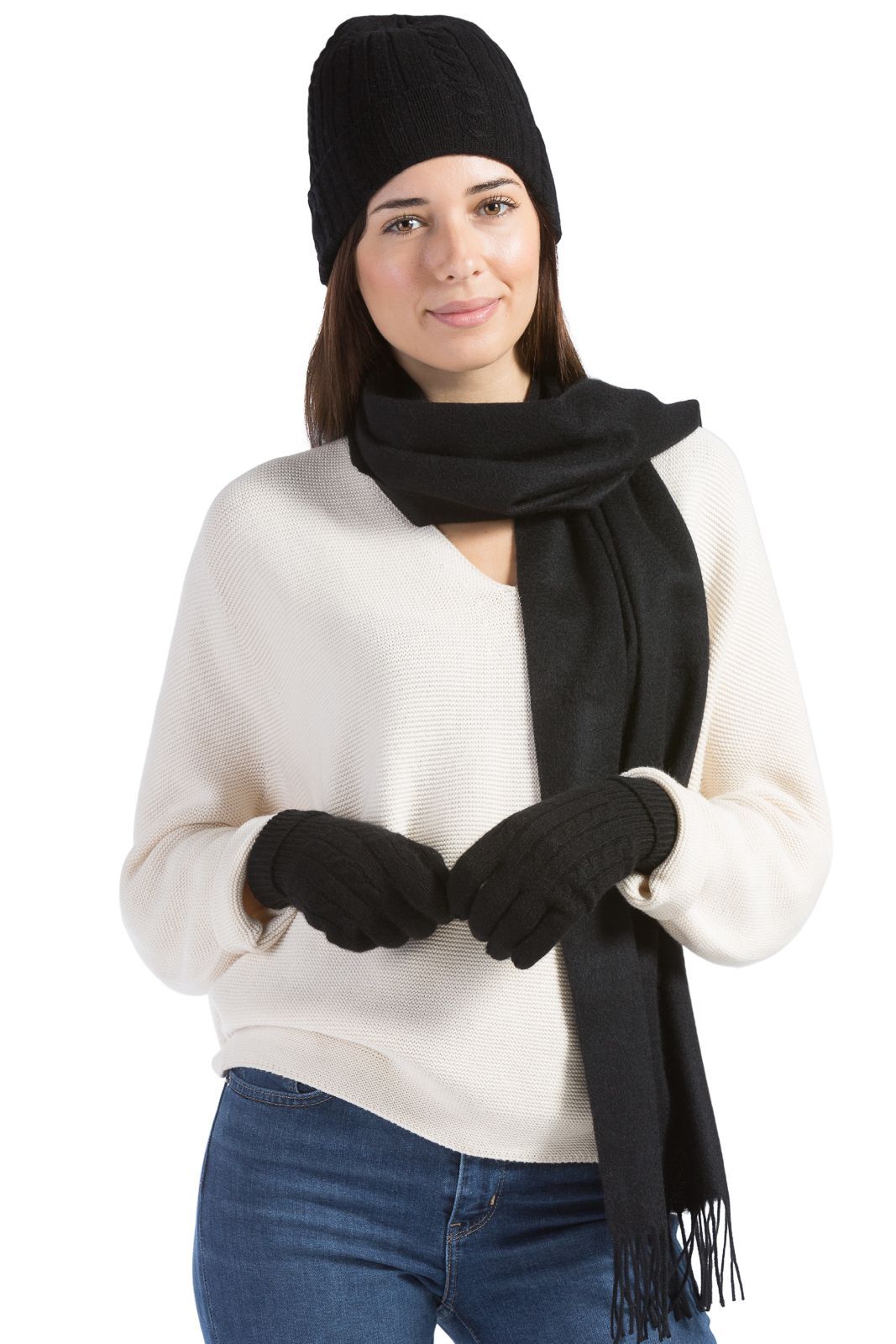 Women's 3pc 100% Pure Cashmere Hat, Glove, Scarf Set with Gift Box Womens>Accessories>Cashmere Set Fishers Finery Black One Size 