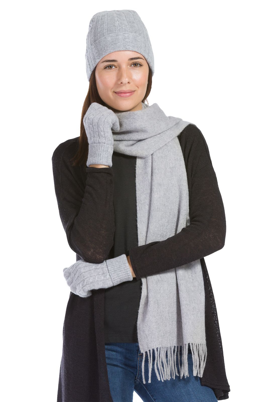 Women's 3pc 100% Pure Cashmere Hat, Glove, Scarf Set with Gift Box Womens>Accessories>Cashmere Set Fishers Finery Gray One Size 